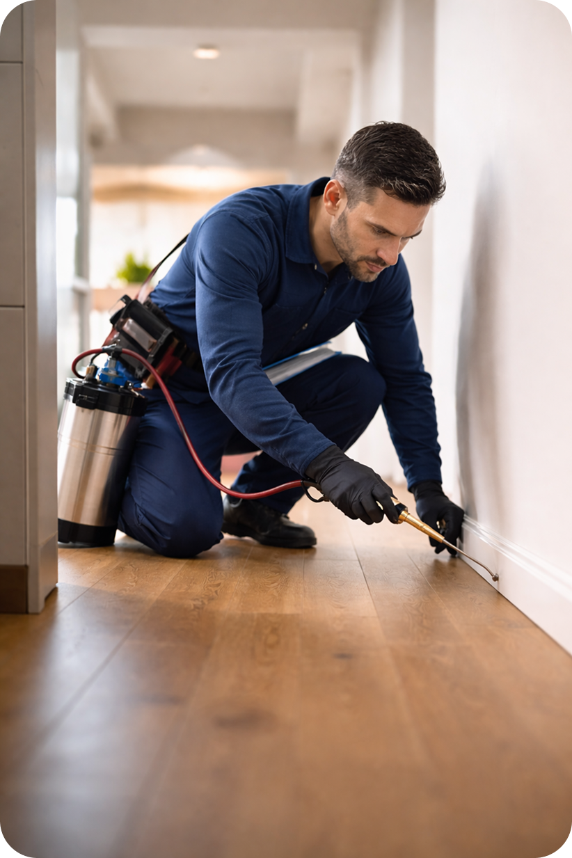Pest control technician carrying out pest treatment inside a residential property in Cardiff.
