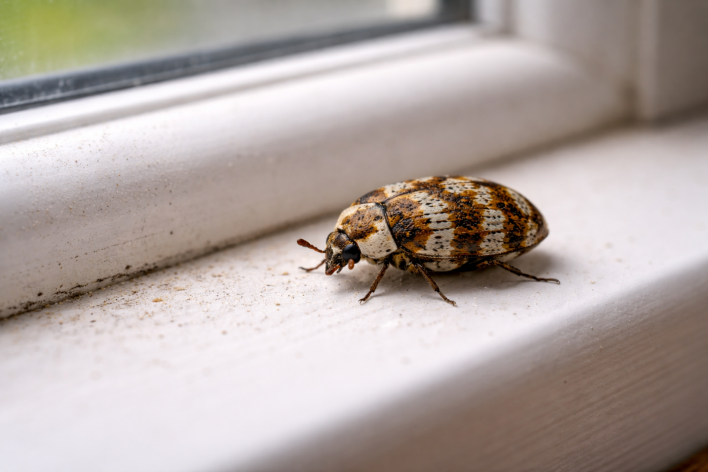 Adult carpet beetle on a window sill in a home.