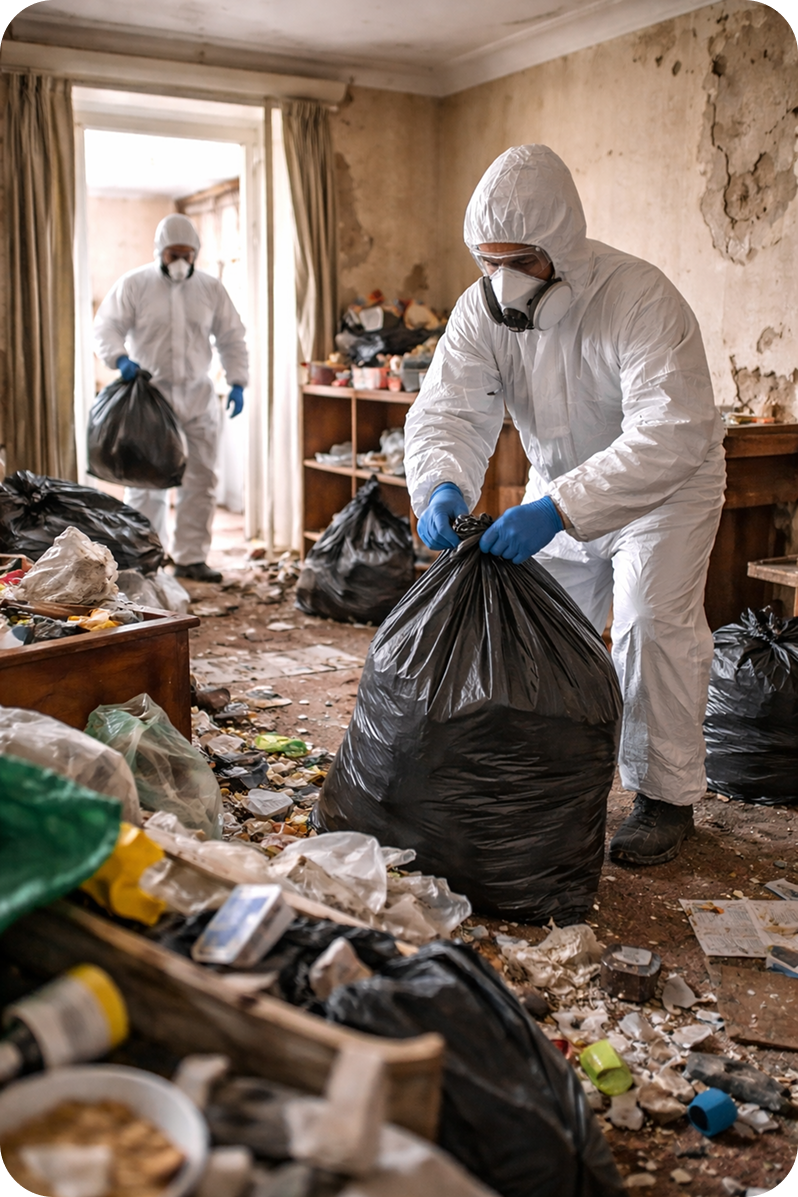 Pest control cleanup and contaminated waste removal inside a property in Cardiff.