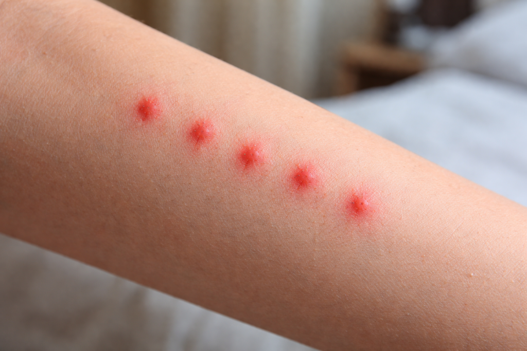 Bed bug bites on a person's arm appearing in a line pattern which is a common sign of bed bugs.
