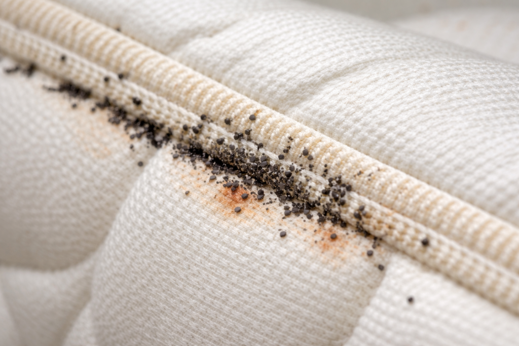 Black bed bug droppings on a mattress seam which is a common sign of a bed bug infestation.