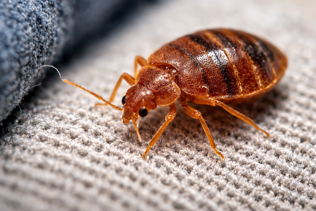 Bed bug crawling on clothing fabric which shows how bed bugs can hide in clothes.