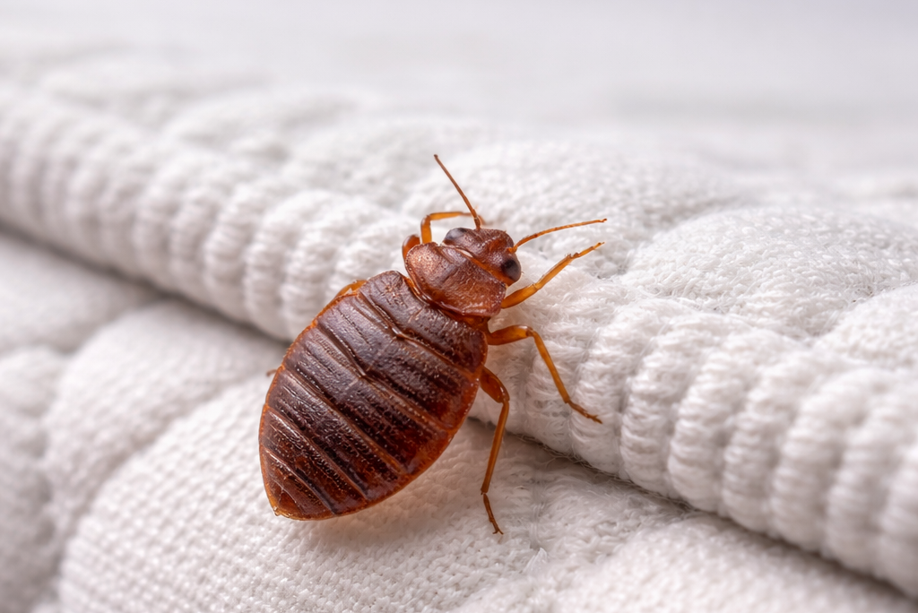 Bed bug crawling on a mattress seam which is a common sign of bed bug infestations in Cardiff homes.