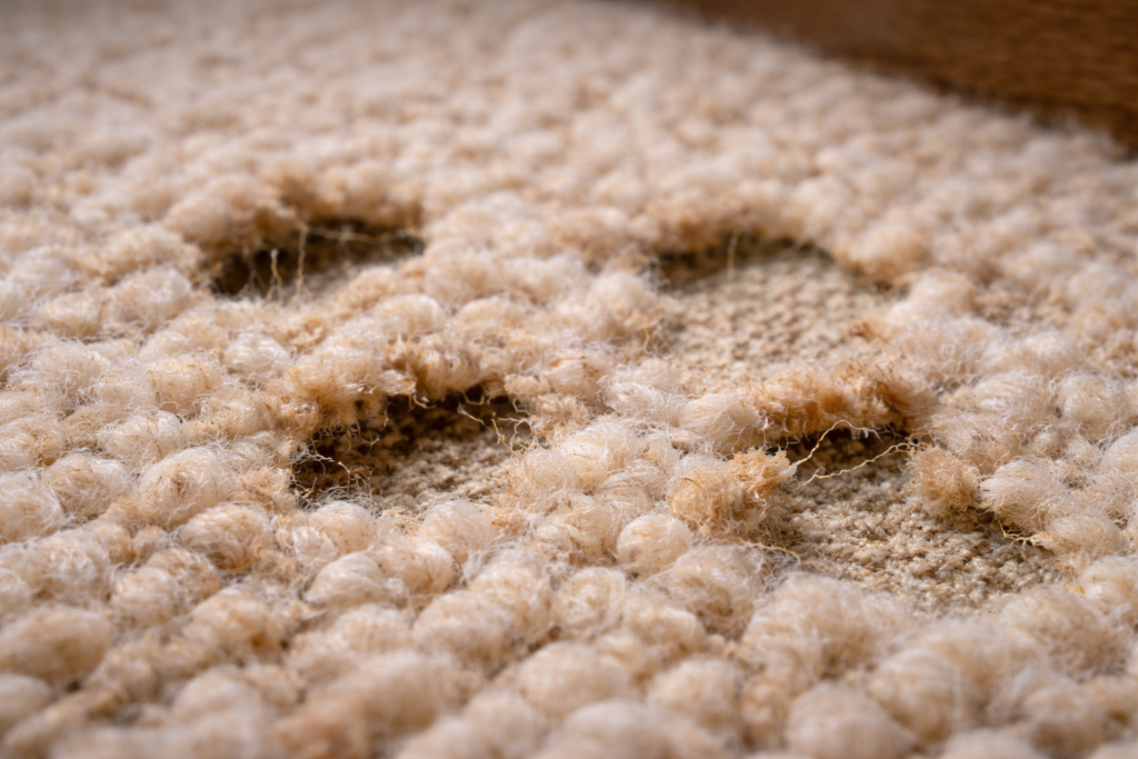 Damage to wool carpet caused by carpet beetle larvae.