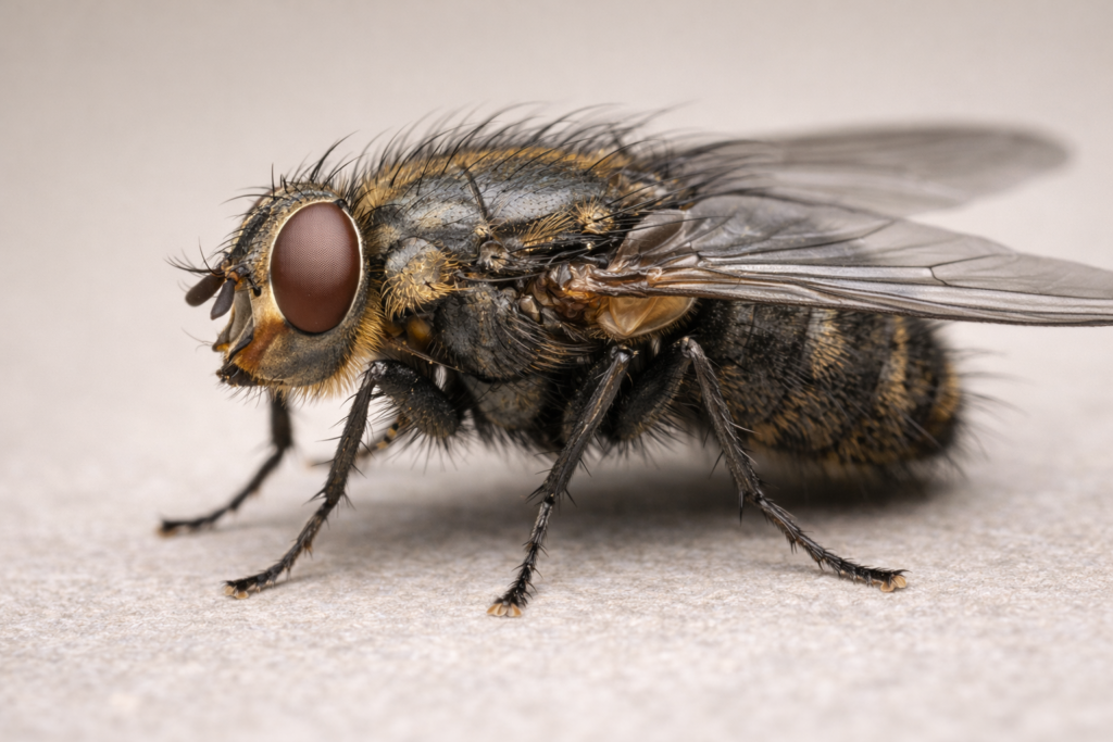 Close-up of a cluster fly insect commonly found in UK homes.
