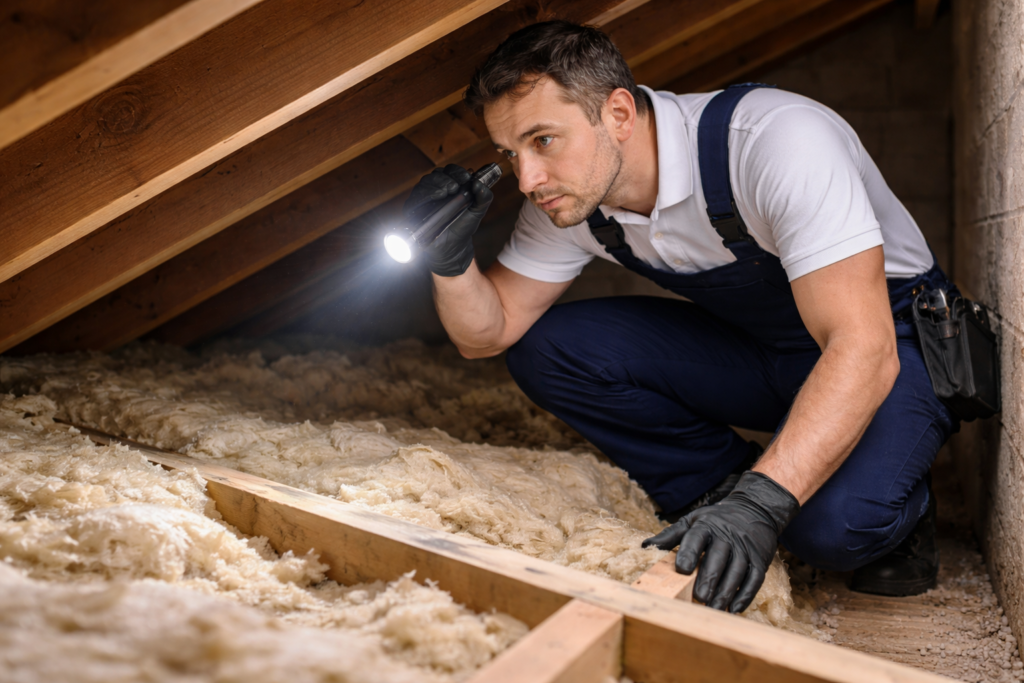 Pest control technician inspecting a loft for cluster flies in Cardiff.

