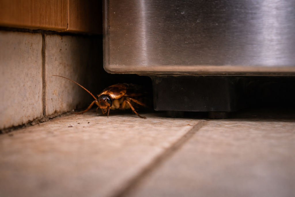 Close-up photograph of a cockroach on a kitchen floor which can indicate a cockroach infestation in homes in Cardiff and South Wales.