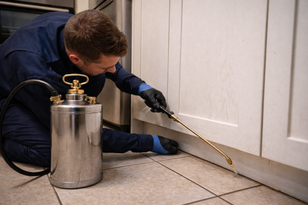 Pest control technician treating a kitchen for cockroaches in Cardiff.
