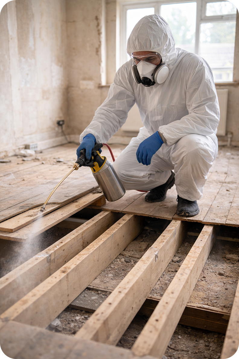 Pest control technician spraying treatment on floorboards during a pest inspection in a Cardiff home.