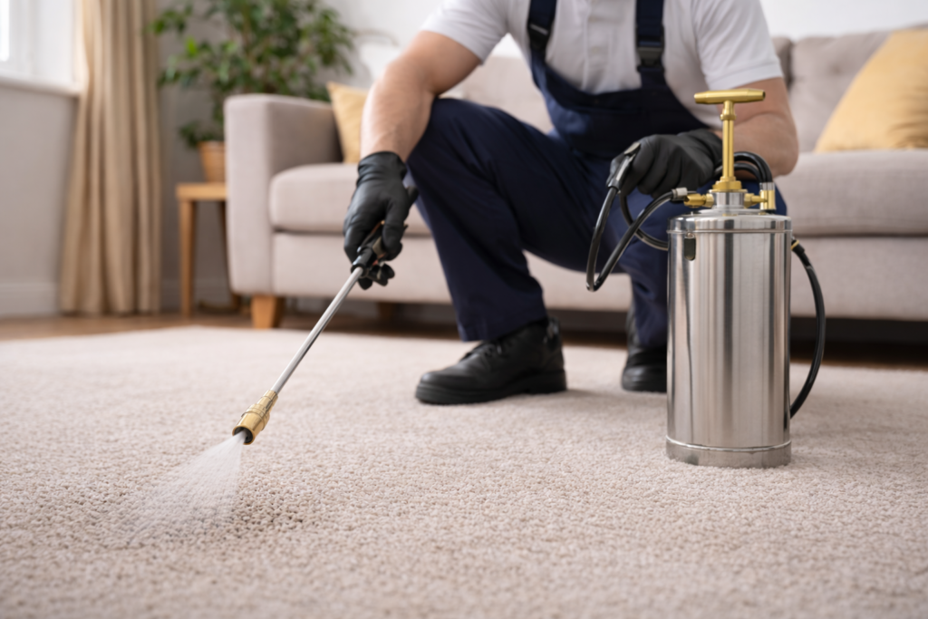 Pest control technician treating carpet for fleas in a Cardiff home.
