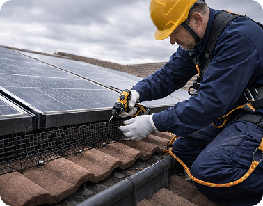 Technician installing solar panel bird proofing mesh on a roof in Cardiff. Solar Panel Bird Proofing image