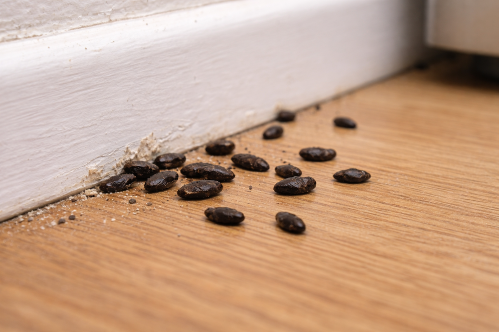 Mouse droppings on a kitchen floor which indicate a mouse infestation.
