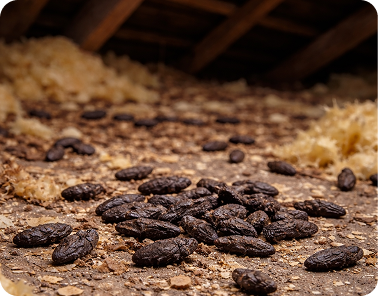 Mouse droppings in a loft indicating rodent activity. Discover the Signs of Mice Infestation image, Signs of a Squirrel Infestation