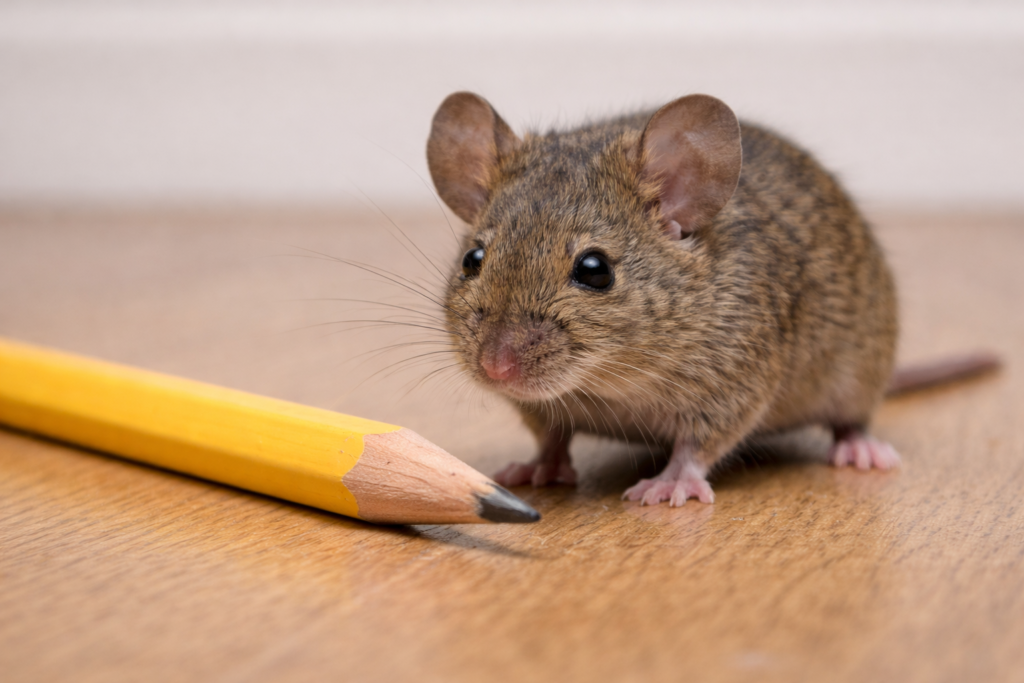 House mouse next to a pencil showing the small size of mice.
