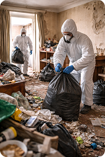 Professional pest infestation cleaning service in Cardiff removing contaminated waste from a heavily infested property