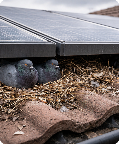 Pigeons nesting underneath solar panels on a residential roof in Cardiff. Common Bird Problems in Homes image