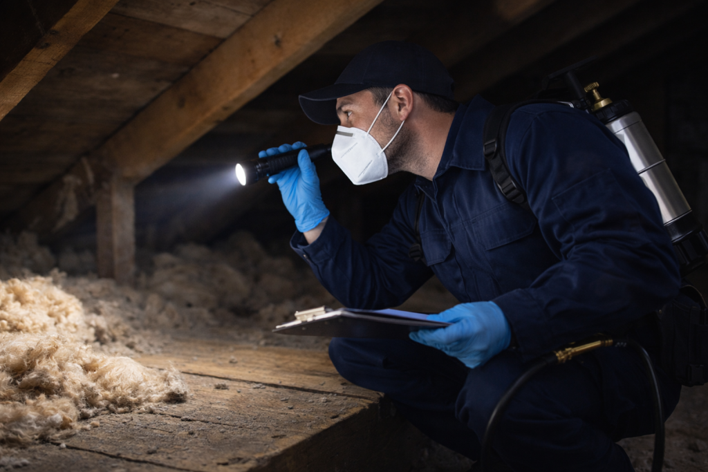 Professional pest control technician inspecting a loft for rats in Cardiff.