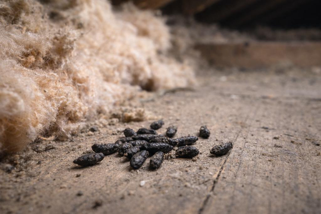 Rat droppings found in a loft space which can indicate a rat infestation in Cardiff homes.