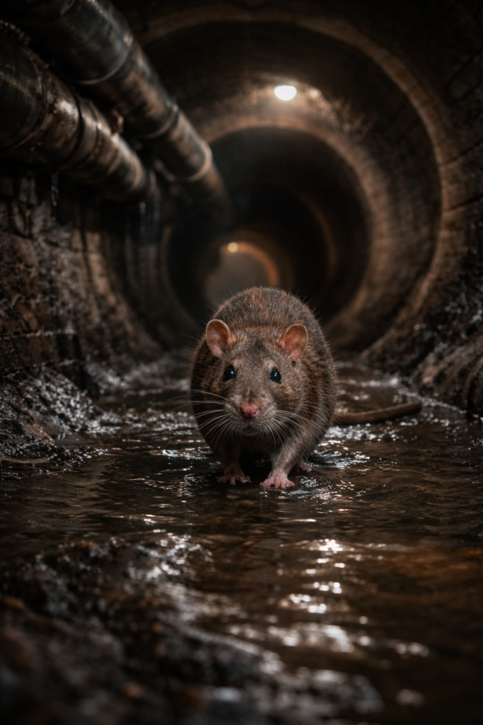 Brown rat inside underground sewer drain system which allows rats to travel between homes in UK cities.
