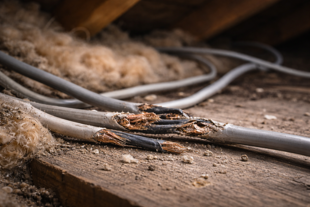 Chewed electrical wires in a loft caused by rats which can be dangerous in Cardiff homes.