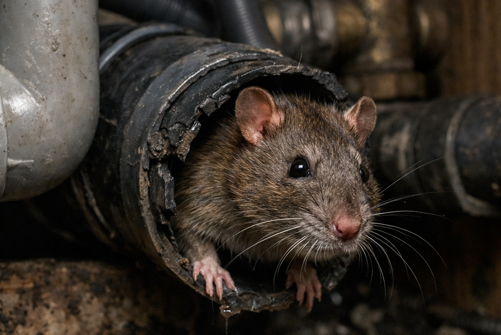 Brown rat emerging from a household drain pipe which can happen in Cardiff homes with damaged drains.
