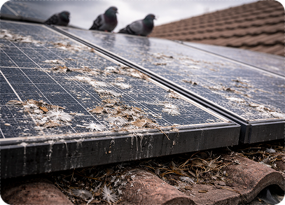 Solar panels on a roof in Cardiff covered with bird droppings caused by pigeons nesting. Solar Panel Bird Proofing Cardiff & South Wales image
