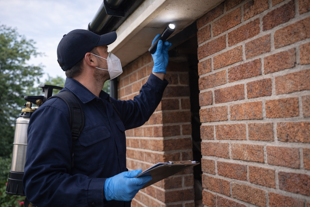 Pest control technician inspecting a property in Cardiff for wasp nests.