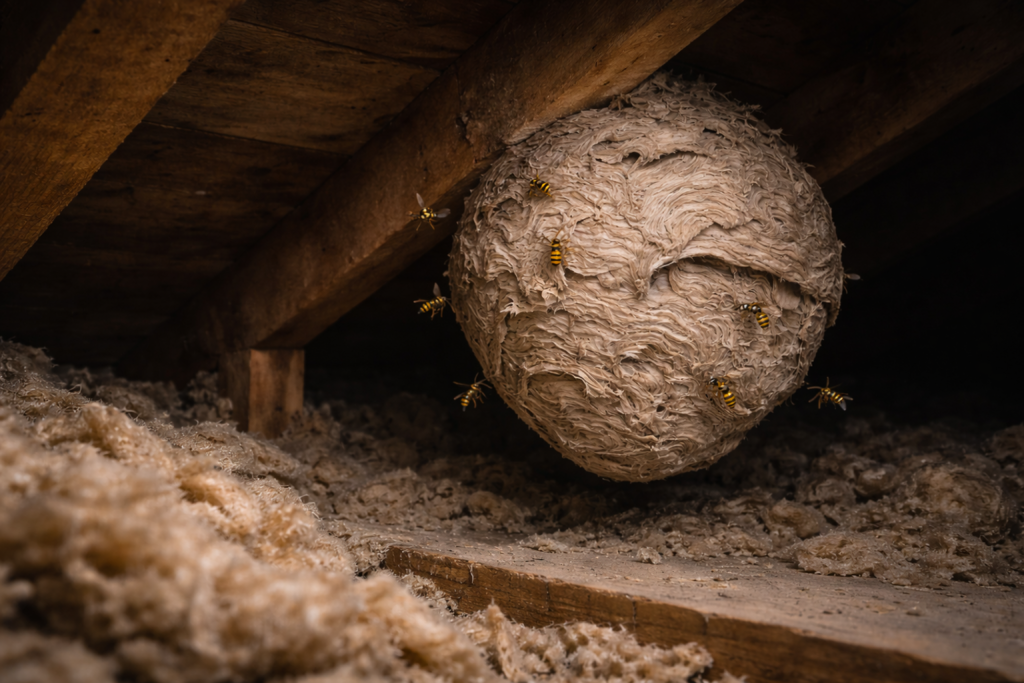 Wasp nest inside a loft space which can occur in Cardiff homes.