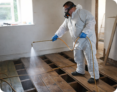 Technician applying woodworm treatment spray to timber floorboards, Discover the Signs of a Woodworm Infestation image